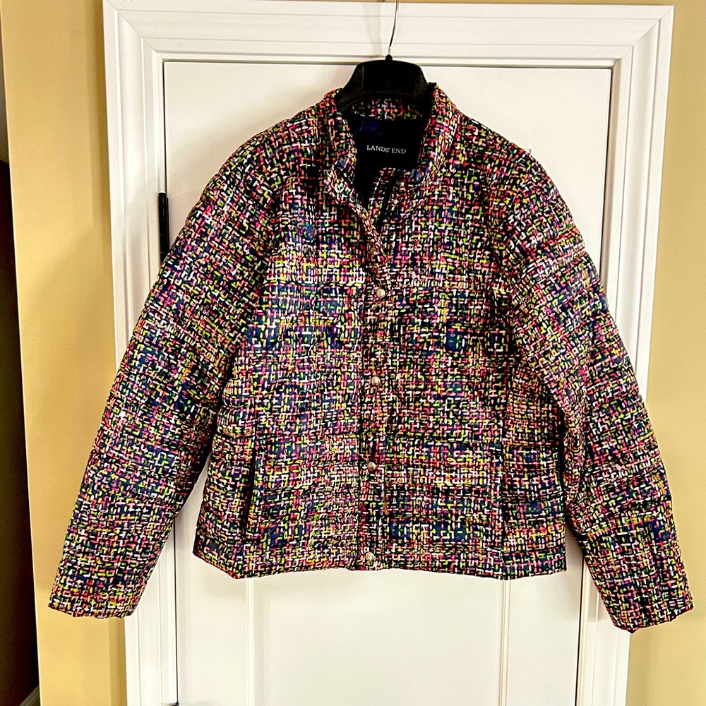 Down jacket,Large,LandsEnd brand,zipper & snap closures,side and inside pockets